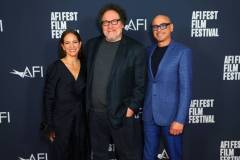 HOLLYWOOD, CALIFORNIA - NOVEMBER 04: (L-R) Susan Downey, Jon Favreau and Robert Downey Jr. attend Netflix's Sr. AFI Fest Premiere at TCL Chinese 6 Theatres on November 04, 2022 in Hollywood, California. (Photo by Leon Bennett/Getty Images for Netflix)
