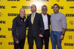 AUSTIN, TEXAS - MARCH 11: (L-R) Jeffrey Katzenberg, Robert Downey Jr., Hari Ravichandran, and Sujay Jaswa pose for a photo backstage after the 'Online Crime: An American Crisis' SXSW panel on March 11, 2023 in Austin, Texas. (Photo by Mat Hayward/Getty Images for Aura )