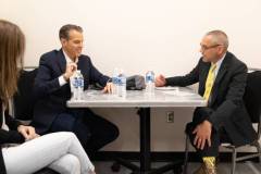 AUSTIN, TEXAS - MARCH 11: (L-R) Maria Konnikova, Eric O?Neill, and Robert Downey Jr. speak backstage before the 'Online Crime: An American Crisis' SXSW panel on March 11, 2023 in Austin, Texas. (Photo by Mat Hayward/Getty Images for Aura )