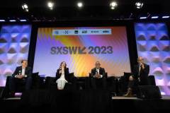 AUSTIN, TEXAS - MARCH 11: (L-R) Eric O'Neill, Maria Konnikova, Hari Ravichandran, and Robert Downey Jr. speak onstage during the 'Online Crime: An American Crisis' SXSW panel on March 11, 2023 in Austin, Texas. (Photo by Mat Hayward/Getty Images for Aura )