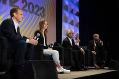 AUSTIN, TEXAS - MARCH 11: (L-R) Eric O'Neill, Maria Konnikova, Hari Ravichandran, and Robert Downey Jr. speak onstage during the 'Online Crime: An American Crisis' SXSW panel on March 11, 2023 in Austin, Texas. (Photo by Mat Hayward/Getty Images for Aura )