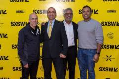 AUSTIN, TEXAS - MARCH 11: (L-R) Jeffrey Katzenberg, Robert Downey Jr., Hari Ravichandran, and Sujay Jaswa pose for a photo backstage after the 'Online Crime: An American Crisis' SXSW panel on March 11, 2023 in Austin, Texas. (Photo by Mat Hayward/Getty Images for Aura )