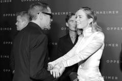 PARIS, FRANCE - JULY 11: (EDITORS NOTE: Image has been converted to black and white.) Robert Downey Jr and Emily Blunt attend the "Oppenheimer" premiere at Cinema Le Grand Rex on July 11, 2023 in Paris, France. (Photo by Pascal Le Segretain/Getty Images)