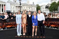 LONDON, ENGLAND - JULY 12: (L-R) Robert Downey Jr, Emily Blunt, Cillian Murphy, Florence Pugh and Matt Damon attend the photocall for "Oppenheimer" in Trafalgar Square on July 12, 2023 in London, England. (Photo by Gareth Cattermole/Getty Images)