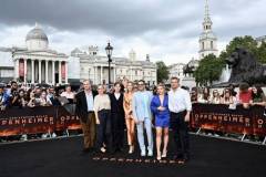 LONDON, ENGLAND - JULY 12: (L-R) Christopher Nolan, Emma Thomas, Cillian Murphy, Emily Blunt, Robert Downey Jr, Florence Pugh and Matt Damon attend the photocall for "Oppenheimer" in Trafalgar Square on July 12, 2023 in London, England. (Photo by Gareth Cattermole/Getty Images)