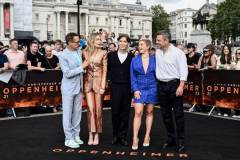 LONDON, ENGLAND - JULY 12: (L-R) Robert Downey Jr, Emily Blunt, Cillian Murphy, Florence Pugh and Matt Damon attend the photocall for "Oppenheimer" in Trafalgar Square on July 12, 2023 in London, England. (Photo by Gareth Cattermole/Getty Images)