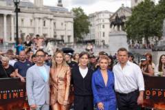 LONDON, ENGLAND - JULY 12: Cillian Murphy, Emily Blunt, Robert Downey Jr, Florence Pugh and Matt Damon attend a photocall for "Oppenheimer" at Trafalgar Square on July 12, 2023 in London, England. (Photo by Mike Marsland/WireImage)