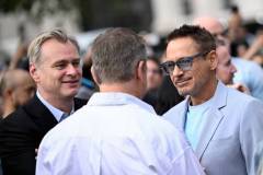 LONDON, ENGLAND - JULY 12: (L-R) Christopher Nolan, Matt Damon and Robert Downey Jr attend the photocall for "Oppenheimer" in Trafalgar Square on July 12, 2023 in London, England. (Photo by Gareth Cattermole/Getty Images)