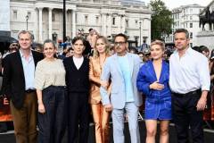 LONDON, ENGLAND - JULY 12: (L-R) Christopher Nolan, Emma Thomas, Cillian Murphy, Emily Blunt, Robert Downey Jr, Florence Pugh and Matt Damon attend the photocall for "Oppenheimer" in Trafalgar Square on July 12, 2023 in London, England. (Photo by Gareth Cattermole/Getty Images)