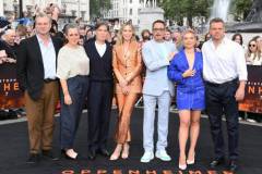 LONDON, ENGLAND - JULY 12: (L-R) Christopher Nolan, Emma Thomas, Cillian Murphy, Emily Blunt, Robert Downey Jr., Florence Pugh and Matt Damon attend a photocall for "Oppenheimer" in Trafalgar Square on July 12, 2023 in London, England. (Photo by David M. Benett/Jed Cullen/Dave Benett/WireImage)