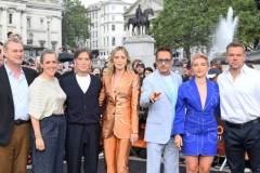 LONDON, ENGLAND - JULY 12: (L-R)Christopher Nolan, Emma Thomas, Cillian Murphy, Emily Blunt, Robert Downey Jr., Florence Pugh and Matt Damon attend a photocall for "Oppenheimer" in Trafalgar Square on July 12, 2023 in London, England. (Photo by David M. Benett/Jed Cullen/Dave Benett/WireImage)