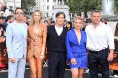 LONDON, ENGLAND - JULY 12: (L-R) Robert Downey Jr., Emily Blunt, Cillian Murphy, Florence Pugh and Matt Damon attend a photocall for "Oppenheimer" in Trafalgar Square on July 12, 2023 in London, England. (Photo by David M. Benett/Jed Cullen/Dave Benett/WireImage)