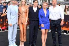 LONDON, ENGLAND - JULY 12: (L-R) Robert Downey Jr., Emily Blunt, Cillian Murphy, Florence Pugh and Matt Damon attend a photocall for "Oppenheimer" in Trafalgar Square on July 12, 2023 in London, England. (Photo by David M. Benett/Jed Cullen/Dave Benett/WireImage)