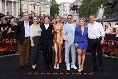 LONDON, ENGLAND - JULY 12: (L-R) Christopher Nolan, Emma Thomas, Cillian Murphy, Emily Blunt, Robert Downey Jr., Florence Pugh and Matt Damon attend the London Photocall for Universal Pictures' "Oppenheimer" at Trafalgar Square on July 12, 2023 in London, England. (Photo by Neil P. Mockford/Getty Images for Universal Pictures)