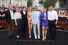 LONDON, ENGLAND - JULY 12: (L-R) Christopher Nolan, Emma Thomas, Cillian Murphy, Emily Blunt, Robert Downey Jr., Florence Pugh and Matt Damon attend the London Photocall for Universal Pictures' "Oppenheimer" at Trafalgar Square on July 12, 2023 in London, England. (Photo by Neil P. Mockford/Getty Images for Universal Pictures)