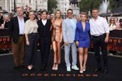 LONDON, ENGLAND - JULY 12: (L-R) Christopher Nolan, Emma Thomas, Cillian Murphy, Emily Blunt, Robert Downey Jr., Florence Pugh and Matt Damon attend the London Photocall for Universal Pictures' "Oppenheimer" at Trafalgar Square on July 12, 2023 in London, England. (Photo by Neil P. Mockford/Getty Images for Universal Pictures)