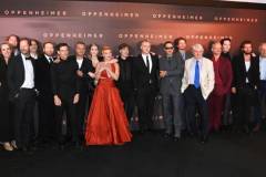 LONDON, ENGLAND - JULY 13: (L to R) Emma Thomas, Jefferson Hall, Trond Fausa Aurv?g, Ludwig G?ransson, Kenneth Branagh, Rami Malek, Matt Damon, Emily Blunt, Florence Pugh, Cillian Murphy, Christopher Nolan, Robert Downey Jr., Josh Hartnett, Tom Conti, M?t? Haumann, David Dastmalchian, Guy Burnet and Charles Roven attend UK Premiere of "Oppenheimer" at the Odeon Luxe Leicester Square on July 13, 2023 in London, England. (Photo by Alan Chapman/Dave Benett/WireImage)