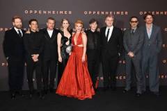 LONDON, ENGLAND - JULY 13: (L to R) Kenneth Branagh, Rami Malek, Matt Damon, Emily Blunt, Florence Pugh, Cillian Murphy, Christopher Nolan, Robert Downey Jr. and Josh Hartnett attend UK Premiere of "Oppenheimer" at the Odeon Luxe Leicester Square on July 13, 2023 in London, England. (Photo by Alan Chapman/Dave Benett/WireImage)