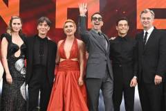 LONDON, ENGLAND - JULY 13: (L to R) Emily Blunt, Cillian Murphy, Florence Pugh, Robert Downey Jr., Rami Malek and Christopher Nolan attend UK Premiere of "Oppenheimer" at the Odeon Luxe Leicester Square on July 13, 2023 in London, England. (Photo by Alan Chapman/Dave Benett/WireImage)