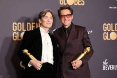 Cillian Murphy and Robert Downey Jr. at the 81st Golden Globe Awards held at the Beverly Hilton Hotel on January 7, 2024 in Beverly Hills, California. (Photo by John Salangsang/Golden Globes 2024/Golden Globes 2024 via Getty Images)