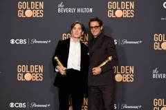 Cillian Murphy and Robert Downey Jr. at the 81st Golden Globe Awards held at the Beverly Hilton Hotel on January 7, 2024 in Beverly Hills, California. (Photo by Gilbert Flores/Golden Globes 2024/Golden Globes 2024 via Getty Images)