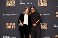 Cillian Murphy and Robert Downey Jr. at the 81st Golden Globe Awards held at the Beverly Hilton Hotel on January 7, 2024 in Beverly Hills, California. (Photo by Gilbert Flores/Golden Globes 2024/Golden Globes 2024 via Getty Images)