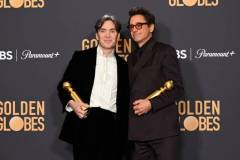 Cillian Murphy and Robert Downey Jr. at the 81st Golden Globe Awards held at the Beverly Hilton Hotel on January 7, 2024 in Beverly Hills, California. (Photo by Gilbert Flores/Golden Globes 2024/Golden Globes 2024 via Getty Images)