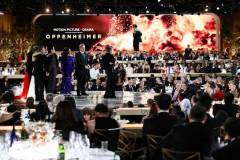 Oprah Winfrey, Emma Thomas, Christopher Nolan, Robert Downey Jr., Charles Roven, Matt Damon and Ludwig G?ransson at the 81st Golden Globe Awards held at the Beverly Hilton Hotel on January 7, 2024 in Beverly Hills, California. (Photo by Michael Buckner/Golden Globes 2024/Golden Globes 2024 via Getty Images)