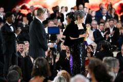Oprah Winfrey, Emma Thomas, Christopher Nolan, Robert Downey Jr., Charles Roven, Matt Damon and Ludwig G?ransson at the 81st Golden Globe Awards held at the Beverly Hilton Hotel on January 7, 2024 in Beverly Hills, California. (Photo by Michael Buckner/Golden Globes 2024/Golden Globes 2024 via Getty Images)