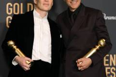 BEVERLY HILLS, CALIFORNIA - JANUARY 07: (L-R) Cillian Murphy, winner of the Best Performance by a Male Actor in a Motion Picture ? Drama for "Oppenheimer," and Robert Downey Jr., winner of the Best Performance by a Male Actor in a Supporting Role in any Motion Picture award for "Oppenheimer," pose in the press room during the 81st Annual Golden Globe Awards at The Beverly Hilton on January 07, 2024 in Beverly Hills, California. (Photo by Amy Sussman/Getty Images)