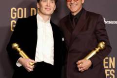 BEVERLY HILLS, CALIFORNIA - JANUARY 07: (L-R) Cillian Murphy, winner of the Best Performance by a Male Actor in a Motion Picture ? Drama for "Oppenheimer," and Robert Downey Jr., winner of the Best Performance by a Male Actor in a Supporting Role in any Motion Picture award for "Oppenheimer," pose in the press room during the 81st Annual Golden Globe Awards at The Beverly Hilton on January 07, 2024 in Beverly Hills, California. (Photo by Amy Sussman/Getty Images)