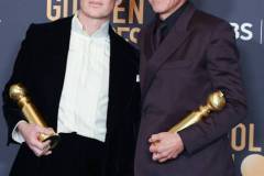 BEVERLY HILLS, CALIFORNIA - JANUARY 7: Cillian Murphy and Robert Downey Jr poses in the press room during the 81st Annual Golden Globe Awards at The Beverly Hilton on January 7, 2024 in Beverly Hills, California. (Photo by Steve Granitz/FilmMagic)