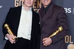 BEVERLY HILLS, CALIFORNIA - JANUARY 7: Cillian Murphy and Robert Downey Jr poses in the press room during the 81st Annual Golden Globe Awards at The Beverly Hilton on January 7, 2024 in Beverly Hills, California. (Photo by Steve Granitz/FilmMagic)