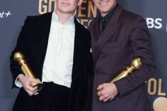 BEVERLY HILLS, CALIFORNIA - JANUARY 7: Cillian Murphy and Robert Downey Jr poses in the press room during the 81st Annual Golden Globe Awards at The Beverly Hilton on January 7, 2024 in Beverly Hills, California. (Photo by Steve Granitz/FilmMagic)