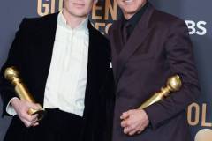 BEVERLY HILLS, CALIFORNIA - JANUARY 7: Cillian Murphy and Robert Downey Jr poses in the press room during the 81st Annual Golden Globe Awards at The Beverly Hilton on January 7, 2024 in Beverly Hills, California. (Photo by Steve Granitz/FilmMagic)