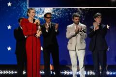 Emily Blunt, Robert Downey Jr., Alden Ehrenreich and Cillian Murphy accept the Best Acting Ensemble Award for 'Oppenheimer' at The 29th Critics' Choice Awards held at The Barker Hangar on January 14, 2024 in Santa Monica, California. (Photo by Michael Buckner/Variety via Getty Images)