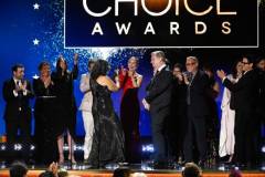 David Krumholtz, Claire Kaufman, Ruth De Jong, Alden Ehrenreich, Emma Thomas, Emily Blunt, Cillian Murphy, Christopher Nolan, Charles Roven and Robert Downey Jr. accept the Best Picture Award for 'Oppenheimer' at The 29th Critics' Choice Awards held at The Barker Hangar on January 14, 2024 in Santa Monica, California. (Photo by Michael Buckner/Variety via Getty Images)