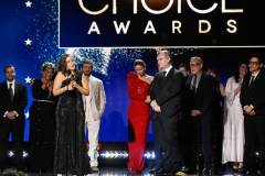 David Krumholtz, Claire Kaufman, Ruth De Jong, Alden Ehrenreich, Emma Thomas, Emily Blunt, Cillian Murphy, Christopher Nolan, Charles Roven and Robert Downey Jr. accept the Best Picture Award for 'Oppenheimer' at The 29th Critics' Choice Awards held at The Barker Hangar on January 14, 2024 in Santa Monica, California. (Photo by Michael Buckner/Variety via Getty Images)