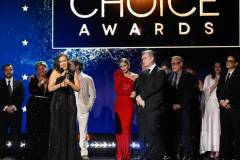 David Krumholtz, Claire Kaufman, Ruth De Jong, Alden Ehrenreich, Emma Thomas, Emily Blunt, Cillian Murphy, Christopher Nolan, Charles Roven and Robert Downey Jr. accept the Best Picture Award for 'Oppenheimer' at The 29th Critics' Choice Awards held at The Barker Hangar on January 14, 2024 in Santa Monica, California. (Photo by Michael Buckner/Variety via Getty Images)