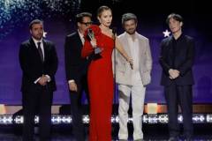 SANTA MONICA, CALIFORNIA - JANUARY 14: (L-R) David Krumholtz, Robert Downey Jr., Emily Blunt, Alden Ehrenreich and Cillian Murphy accept the Best Acting Ensemble Award for 'Oppenheimer' onstage during the 29th Annual Critics Choice Awards at Barker Hangar on January 14, 2024 in Santa Monica, California. (Photo by Kevin Winter/Getty Images for Critics Choice Association)