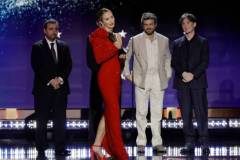 SANTA MONICA, CALIFORNIA - JANUARY 14: (L-R) David Krumholtz, Robert Downey Jr., Emily Blunt, Alden Ehrenreich and Cillian Murphy accept the Best Acting Ensemble Award for 'Oppenheimer' onstage during the 29th Annual Critics Choice Awards at Barker Hangar on January 14, 2024 in Santa Monica, California. (Photo by Kevin Winter/Getty Images for Critics Choice Association)