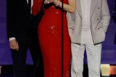 SANTA MONICA, CALIFORNIA - JANUARY 14: (L-R) Robert Downey Jr., Emily Blunt, and Alden Ehrenreich accept the Best Acting Ensemble Award for 'Oppenheimer' onstage during the 29th Annual Critics Choice Awards at Barker Hangar on January 14, 2024 in Santa Monica, California. (Photo by Kevin Winter/Getty Images for Critics Choice Association)