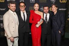 SANTA MONICA, CALIFORNIA - JANUARY 14: (L-R) Alden Ehrenreich, Robert Downey Jr., Emily Blunt, David Krumholtz, and Cillian Murphy, winners of the Best Acting Ensemble Award for 'Oppenheimer,' poses in the press room during the 29th Annual Critics Choice Awards at Barker Hangar on January 14, 2024 in Santa Monica, California. (Photo by Kevin Mazur/Getty Images for Critics Choice Association)
