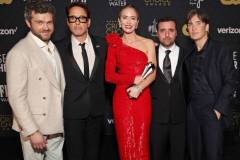SANTA MONICA, CALIFORNIA - JANUARY 14: (L-R) Alden Ehrenreich, Robert Downey Jr., Emily Blunt, David Krumholtz, and Cillian Murphy, winners of the Best Acting Ensemble Award for 'Oppenheimer,' poses in the press room during the 29th Annual Critics Choice Awards at Barker Hangar on January 14, 2024 in Santa Monica, California. (Photo by Kevin Mazur/Getty Images for Critics Choice Association)
