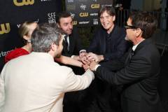 SANTA MONICA, CALIFORNIA - JANUARY 14: (L-R) Emily Blunt, Alden Ehrenreich, David Krumholtz, Cillian Murphy, and Robert Downey Jr., winners of the Best Acting Ensemble Award for 'Oppenheimer,' pose in the press room during the 29th Annual Critics Choice Awards at Barker Hangar on January 14, 2024 in Santa Monica, California. (Photo by Kevin Mazur/Getty Images for Critics Choice Association)