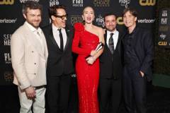 SANTA MONICA, CALIFORNIA - JANUARY 14: (L-R) Alden Ehrenreich, Robert Downey Jr., Emily Blunt, David Krumholtz, and Cillian Murphy, winners of the Best Acting Ensemble Award for 'Oppenheimer,' pose in the press room during the 29th Annual Critics Choice Awards at Barker Hangar on January 14, 2024 in Santa Monica, California. (Photo by Kevin Mazur/Getty Images for Critics Choice Association)