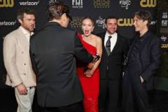 SANTA MONICA, CALIFORNIA - JANUARY 14: (L-R) Alden Ehrenreich, Robert Downey Jr., Emily Blunt, David Krumholtz, and Cillian Murphy, winners of the Best Acting Ensemble Award for 'Oppenheimer,' pose in the press room during the 29th Annual Critics Choice Awards at Barker Hangar on January 14, 2024 in Santa Monica, California. (Photo by Kevin Mazur/Getty Images for Critics Choice Association)
