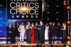 SANTA MONICA, CALIFORNIA - JANUARY 14: (L-R) David Krumholtz, Claire Kaufman, Ruth De Jong, Alden Ehrenreich, Emma Thomas, Emily Blunt, Cillian Murphy and Christopher Nolan accept the Best Picture Award for 'Oppenheimer' onstage during the 29th Annual Critics Choice Awards at Barker Hangar on January 14, 2024 in Santa Monica, California. (Photo by Kevin Winter/Getty Images for Critics Choice Association)