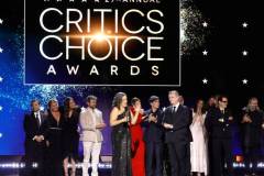 SANTA MONICA, CALIFORNIA - JANUARY 14: (L-R) David Krumholtz, Claire Kaufman, Ruth De Jong, Alden Ehrenreich, Emma Thomas, Emily Blunt, Cillian Murphy and Christopher Nolan accept the Best Picture Award for 'Oppenheimer' onstage during the 29th Annual Critics Choice Awards at Barker Hangar on January 14, 2024 in Santa Monica, California. (Photo by Kevin Winter/Getty Images for Critics Choice Association)