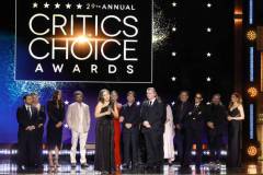 SANTA MONICA, CALIFORNIA - JANUARY 14: (L-R) David Krumholtz, Claire Kaufman, Ruth De Jong, Alden Ehrenreich, Emma Thomas, Emily Blunt, Cillian Murphy and Christopher Nolan accept the Best Picture Award for 'Oppenheimer' onstage during the 29th Annual Critics Choice Awards at Barker Hangar on January 14, 2024 in Santa Monica, California. (Photo by Kevin Winter/Getty Images for Critics Choice Association)